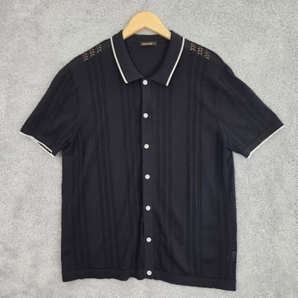 Grace Karin Knit Polo Shirt Men's Large Black Hollow Out Open Stitch Button Down